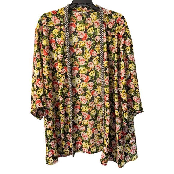 Kut From The Kloth Floral Kimono Jacket With Pearl Beaded Trim Sz Large - Picture 2 of 12